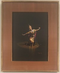 Painting of an oriental dancer performing in eloborate costume. Signed Chai Ying