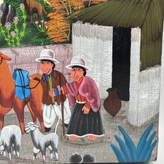 Gustavo Quindigalle Tigua Ecuador Folk Art Painting Sheepskin – Andean Village