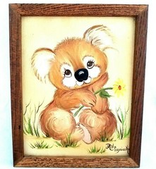 Vintage Oil on Canvas Koala Bear Signed Jan Przysiecki Framed Art 11″ H x 9″ W *