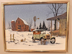 C. Carson Winter Farm Serigraph Ford Model T Snow Scene Framed 17×13