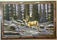Vintage Velvet Oil Painting Nature Scene Deer Buck Forest HUGE 40” x 28” Signed