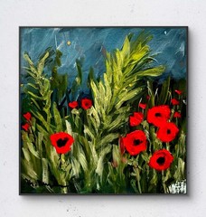 Red Poppy Meadow Textured Painting Original Hand Painted on wood cradled panel