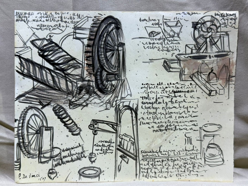 LEONARDO DA VINCI drawing and painting on old paper signed stamped vintage