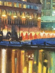 Signed 2002 Boston Harbor Skyline Watercolor Custom House Tower Framed
