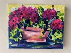 Hot Pink Geraniums Small Impressionism Flower Flowers Pot Painting K C Jones Art