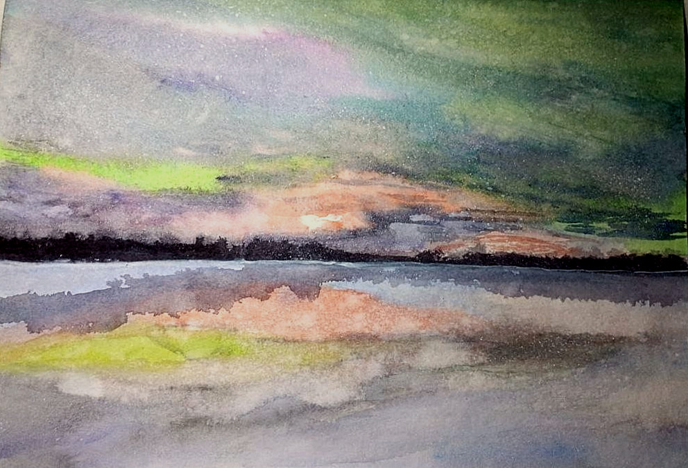 PAINTINGORIGINAL WATERCOLOR LANDSCAPE ABSTRACT REFLECTION OF THE SKY IN THE RIVE