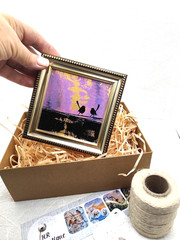 Original Oil Painting 4×4 in Framed Signed Little Birds Gold Home Decor Wall Art