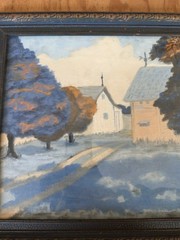 Original Painting Country Landscape Farmhouse Glass Framed Vintage Blue Trees