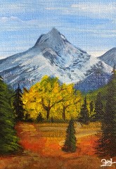 ACEO Acrylic Painting Mountain Landscape Autumn Trees Snow Peaks Nature Art