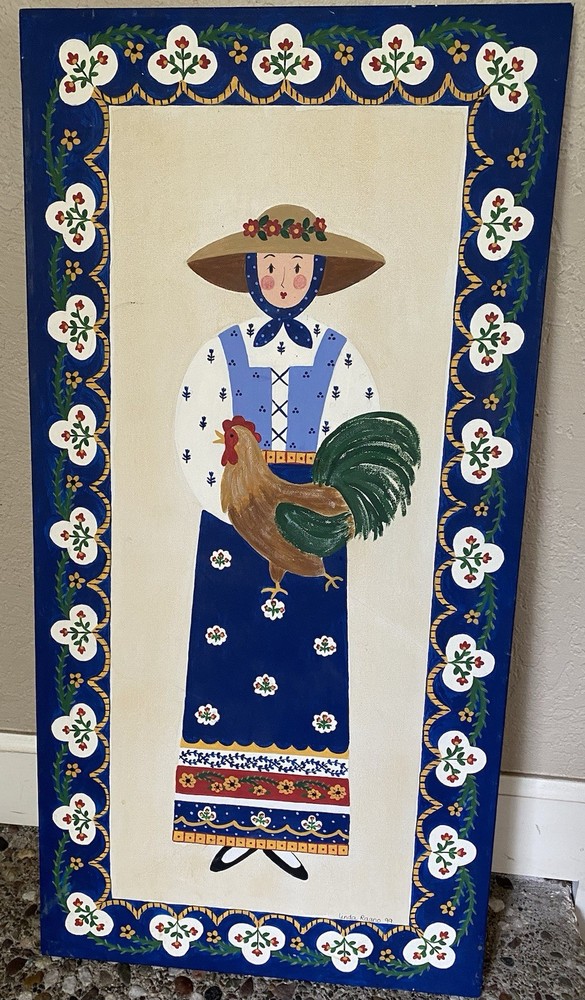 Linda Ragno Copper Oats Hand Painted French Folk Art Woman With A Chicken Signed