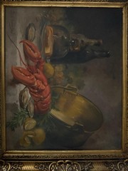 Vintage Still Life Oil Painting Lobster Oysters Brass Pot Gilt Frame J Courbes