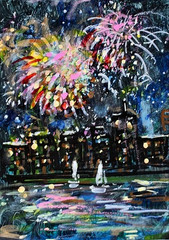 ACEO Original Painting FIREWORKS Summer CITY Buildings Ocean Boats Lights ART