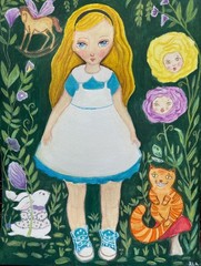 Original Alice in Wonderland Gouache Painting – Fantasy Garden Illustration