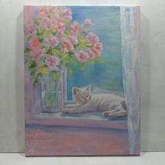 Cat Flowers Original Oil Hand Painted Signed Wall Art Decor Gift Ukraine Artist