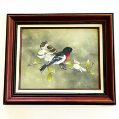 Framed Original Bird Oil Painting Rose-Breasted Grosbeak on Branch Signed Anet