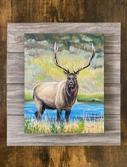 Elk Impressionism Original Oil Painting on Wood Panel 8×10″ – Framed 12×13″