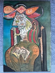 PICASSO drawing and painting on old wood signed stamped vintage
