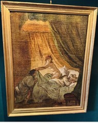 Antique Painting Oil Canvas Woman Frame Wood Nude Libertine Decor Art Rare Old