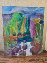 Original Scandinavian Oil Landscape Painting, Mountain View