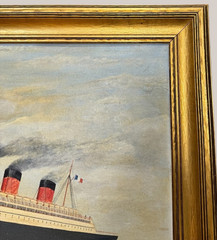 Vintage SS Ile De France Artist Original Oil Painting W. T. Olivea Wood Frame