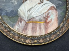 Antique Watercolor Miniature Portrait of a Lady with Bronze Frame