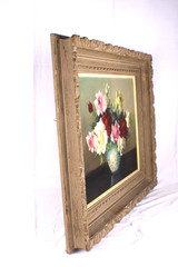 Antique Floral Still Life Oil Painting On Canvas Signed Illegible