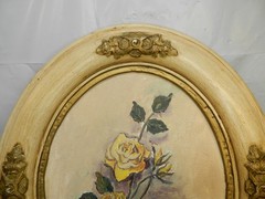 Vintage Mildred Colvin Yellow Rose Floral Painting on Canvas Oval Frame (O33S)