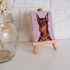 ACEO Original Painting Dogs Doberman Pet Portrait Animal Gouache Modern Artwork
