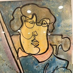 J. Lang Modernist Line Drawing Portrait, Framed Abstract Painter Artist Signed
