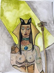 Egyptain Hand Painting of Bastet the Cat Goddess, Watercolor And Ink Paint