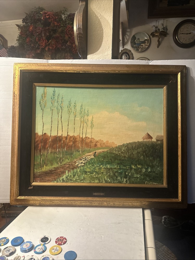 Italian “F . MAZZONCINI” LANDSCAPE VILLAGE SCENE Oil on Wood Panel Signed