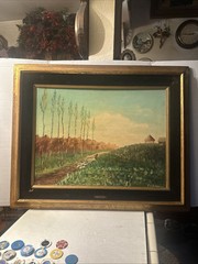 Italian “F . MAZZONCINI” LANDSCAPE VILLAGE SCENE Oil on Wood Panel Signed