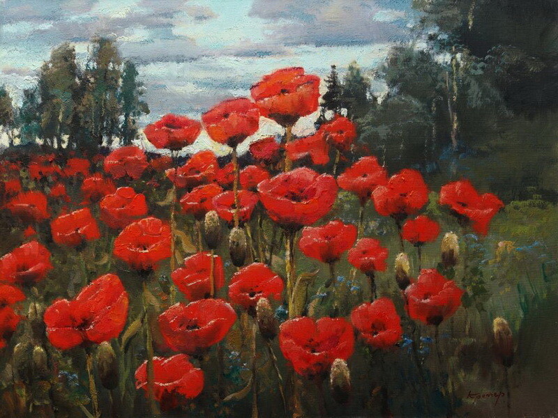 Poppy Field landscape Oil painting Wall art HD Giclee Printed on Canvas P023