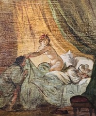 Antique Painting Oil Canvas Woman Frame Wood Nude Libertine Decor Art Rare Old