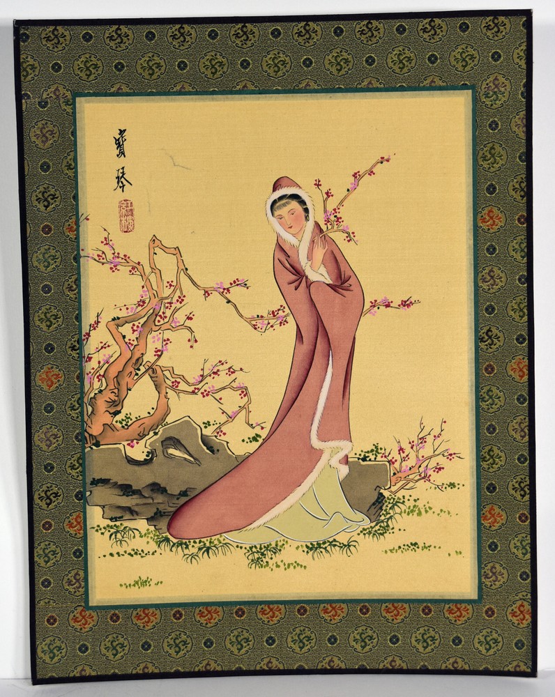 Antique Chinese Watercolor Painting Asian Woman Winter Time Long Red Coat Cherry