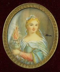 Lot Group 4 miniature paintings portrait lady Hermi Says bronze frame bas-relief