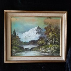 G. Whitman Mountain Cabin Landscape Oil Painting on Canvas, 24.5″x20.5″ Framed