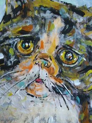 A HUNGRY CAT calico pet 8×10 Acrylic painting card panel original signed Crowell