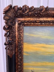 50×40″ Ornate Baroque Giltwood & Black Enamel Frame w/Oil on Canvas Painting
