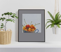 DANFORTH Cup Of Rainier Cherries, 6×6 still life original realism oil painting