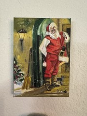 ORIGINAL OIL PAINTING SANTA CLAUSE CAT CHRISTMAS ON STRETCH CANVAS SIGNED 5×7