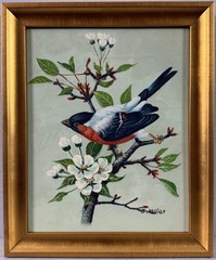 American 20C, J. Miller, Oil Painting on Canvas, Bird, Bullfinch on a Tree
