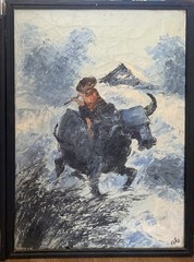 A. Cuah Framed Signed Impressionist Acrylic Painting Oxen Cart Rural Life Art