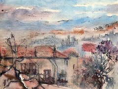 1962 Eliane Diverly Watercolor Painting French Impressionism Cityscape Signed