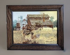 Orig Framed Oil Painting, Old Country Farmstead, C Luedtke 20-1/2″W by 16-1/4″H