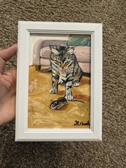ORIGINAL OIL PAINTING TABBY CAT & MOUSE INDOOR SCENE SIGNED FRAMED 4×6