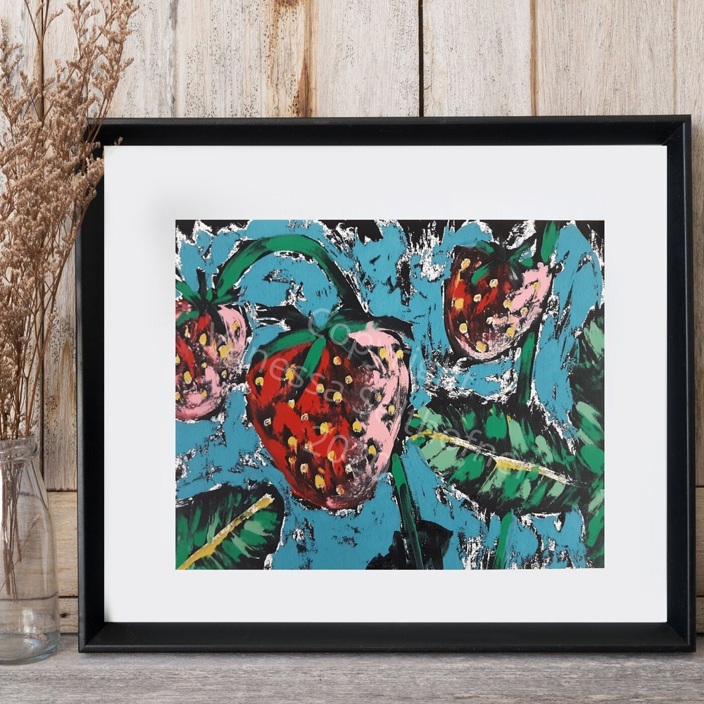 Original Strawberry Painting Fruit Art Kitchen Wall Decor Hand Painted 8×10