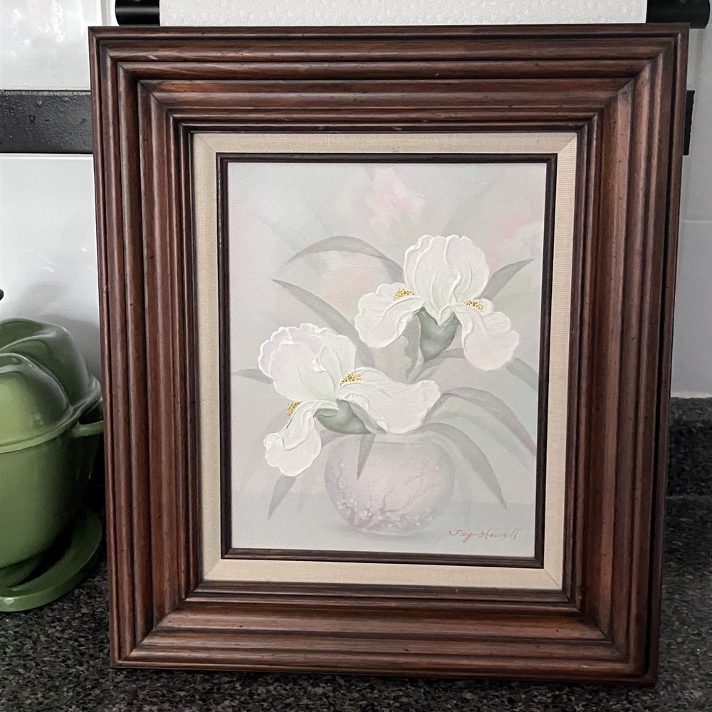 Vintage Floral Oil Painting MCM Framed Canvas Art Signed White Iris Textured
