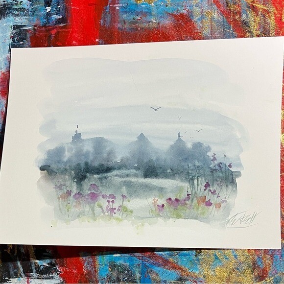 Floral Landscape Original Painting Watercolor Wall Art Nature Scene Artettina