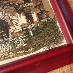 Vintage Joel Cabrera Watercolor Ink Painting Puerto Vallarta Signed, Wood Frame